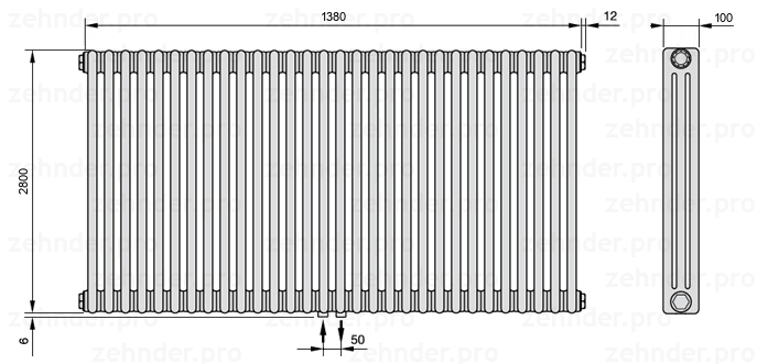 Схема (чертеж) Радиатор Zehnder Charleston 3280/30 №3470 Белый глянцевый RAL 9016